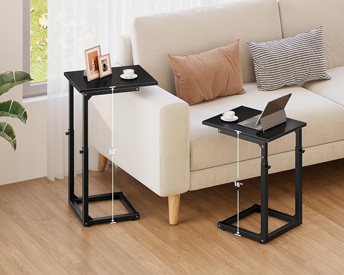 C-Shaped End Table for Couch, 33" Tall C Table Adjustable Height Side Table, Couch Side Tables with Metal Frame Slide Under Sofa, Sofa Table TV Tray for Living Room, Bedroom, Bedside, Black