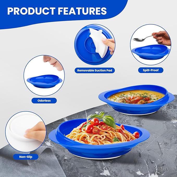 2Pack Spill Proof Scoop Plate with Non-Skid Suction Base, Adaptive Self-Feeding Dinnerware for Elderly and Disabled