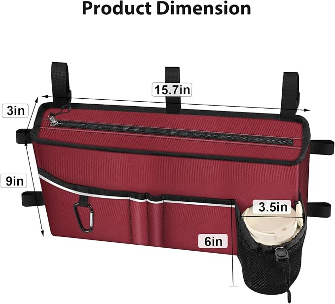 FINPAC Large Walker Tote Bag w/Cup Holder, Folding Walker Attachment Pouch | Water-resistant Polyester, Organized Pockets, Reflective Strip, Mobility Aid Storage Basket for Seniors, Burgundy