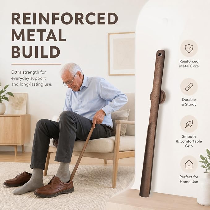 Geelin 2 Pcs 20'' Magnetic Shoehorn, Long Wooden Shoe Horn Long Handle Shoehorn for Seniors Men Women, Magnetic Base Wall Mounted Dressing Stick for Elderly Limited Mobility (Walnut)
