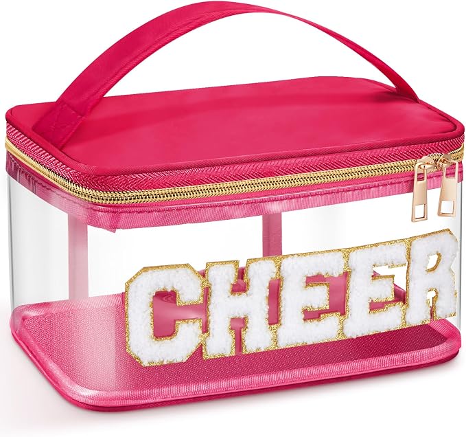 Geetery Chenille Letter Bag, Meds Cheer Travel Cases Cheerleader Gifts Cosmetic Bag Nylon Makeup Portable Preppy Patch with Zipper Toiletry Storage Case for Women(Hot Pink,Cheer)