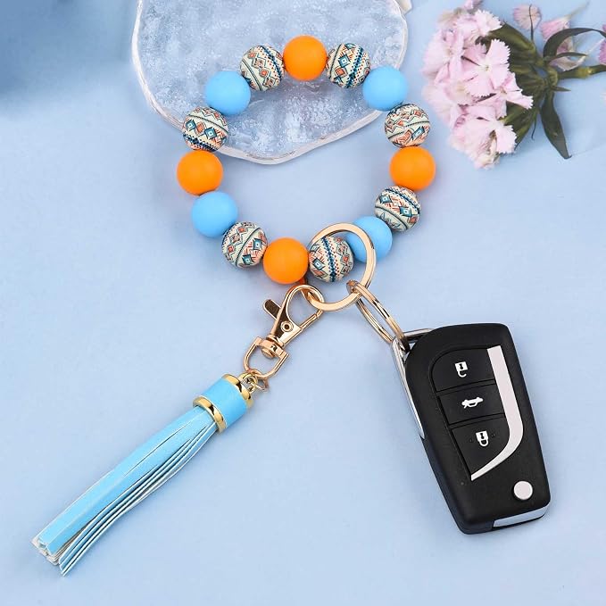 BAOSIWA Silicone Beaded Bracelet Keychain Wristlet Key Ring Bangle Chains for Women with Leather Tassel