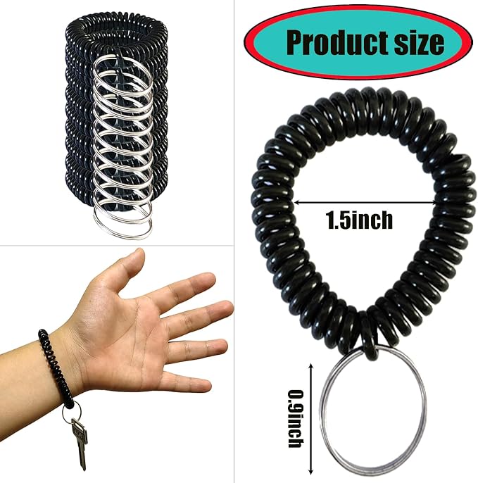 10 Pieces Wrist Coil Keychain Spiral Key Ring, Solid Black | Wristband Bracelet Key Holder for Pool Gym ID Badge