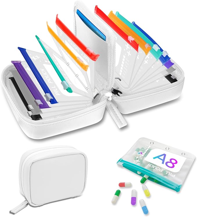 A8 Waterproof Pill Organizer Set, Twice-Daily Large Pill Organizer for Seven Days, Pill Storage with 14 Color-Coded Pouches, Reusable Travel Medicine Organizer
