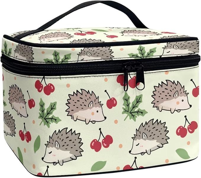 Hedgehogs Large Cosmetic Bag for Women Travel Makeup Bag Handle, Cartoon Animals Portable Toiletries Bag Brush Bags for Traveling, Light Green