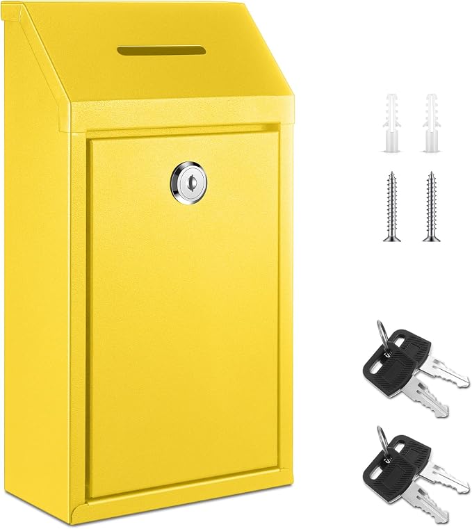 Yaocom Metal Money Box,Yellow,10.24 x 5.71 x 2.95 Inch,No Lid | Wall Mounted Drop Donation Cash Box for Farm Stand Collection Safe Suggestion Box with Lock Container for Home Office Outdoor