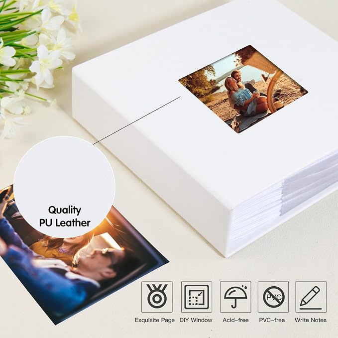 4x6 Photo Album Holds 240 Photos with Writing Space, Leather Cover Picture Book with Front Window for Family Wedding Baby Travel & Graduation Memories, White