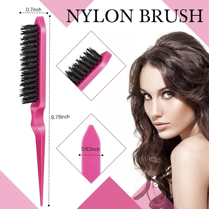 Geiserailie 3 Pcs Slick Back Hair Brush Set Bristle Brush Edge Control Teasing Comb for Women Black Hair(Rose Red)