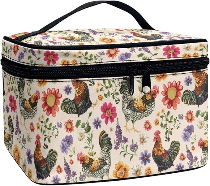 Countryside Chicken Floral Makeup Bag Women Travel Cosmetic Bag for Women, Rooster Flowers Print Large Capacity Portable Toiletry Bags with Handle