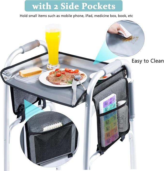 BAGSFY Walker Tray with Cup Holder & Side Pocket – Hard Top Walker Table for Seniors – Folding Walker Accessory for Meals, Reading, Drinks – Non-Slip Surface, Tool-Free Install, Universal Fit