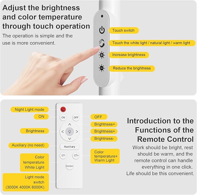 Bright LED Eye-Protecting Reading Floor Lamps with Touch and Remote Dimming 3000-6000k for Eyelash Manicure Craft Drawing Makeup Living Room Bedroom Office, Adjustable Gooseneck Modern Standing Light