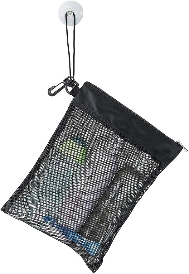 Shower Bag Tote, Mesh Caddy Toiletry Organizer 12”L x 9”W, Compact and Lightweight With Suction Cup, Cord for Hanging, Zipper and Drawstring Pouch 14”L x 10”W, Black