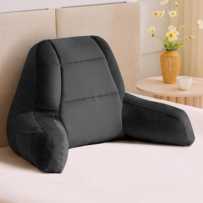 Reading Pillows for Sitting in Bed Adult, Back Pillow for Bed Sitting Up, Backrest Pillows with Shredded Foam for Adult&Teens, Support Pillow with Arms for Beds, Couch, Floor, 20in, Black