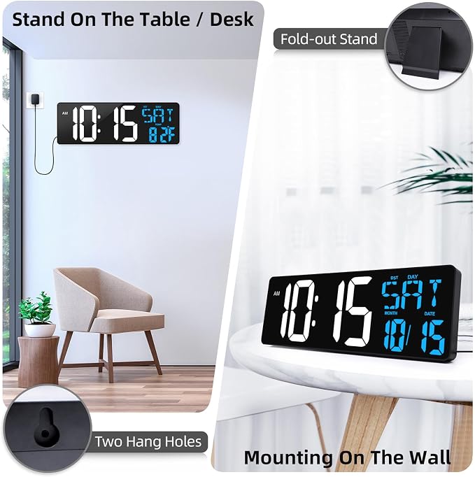 17 Inch Large Digital Wall Clock with Remote Control, Automatic Brightness Dimmer Digital Wall Clock Large Display with Day/Date/Temperature, Snooze, Count Up & Down Timer for Living Room, Office, Gym