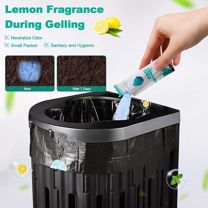 OUMEE Lemon 30 Portable Toilet Bags with 30 Poo Gel Set, 8 Gallon | Camping Toilet Bags with Absorbent Gels Waste Bags, Portable Trash Bag for Camping Potty Rvs Travel