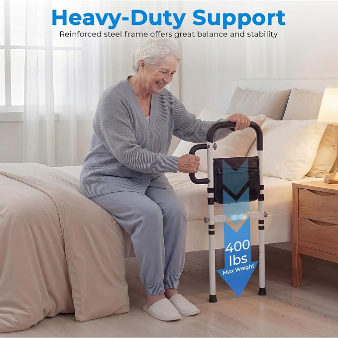 Bed Rails for Elderly Adults Safety, for 400Lbs, Dark Black | Bed Rail for Seniors with Motion Sensor Light, Height Adjustable Bed Assist Bar, Non-Slip Handle, Storage Bag