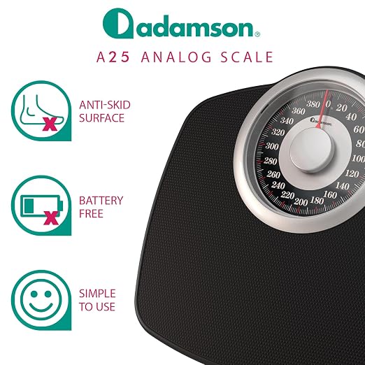 Adamson A25 Scales for Body Weight - Up to 400 LB - New - 5.3" Dial on 12.4" x 10.2" Platform - Anti-Skid Rubber Surface - High Precision Bathroom Scale Analog - Durable with 20-Year Assurance - Black