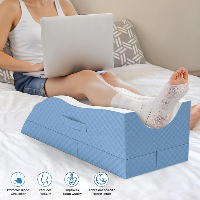 TranquilRelax Elevation Pillows for Leg After Surgery, Memory Foam Adjustable Wedge Pillow for Injury or Rest, Ankle Pillow for Sleeping Blood Circulation, Light Blue/Single Leg