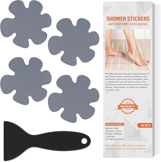 Non Slip Bathtub Stickers, 24 PCS Shower Stickers for Safety Bathroom Tubs, Bathtub Non Slip-Sticker and Adhesive Decals Scraper for Bath Tub, Shower Floor, Stairs, Ladders(Flower Shape, Grey)