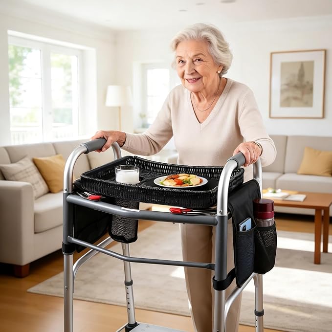 Handwoven Rattan Walker Tray for Folding Walker, Tray for Walker for Seniors Detachable with Cup Holder,Walker Accessories for Elderly,Tray Table Fits Most Standard Walkers (Black)