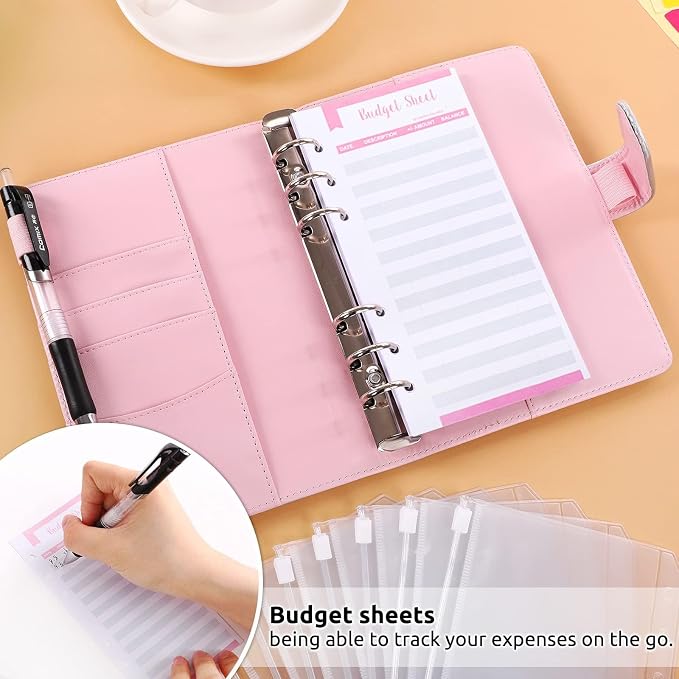 SKYDUE Budget Binder with Cash Envelopes, Purple, A6 Size, 6-Hole, 20-Page Capacity, 8 Dividers, Faux Leather