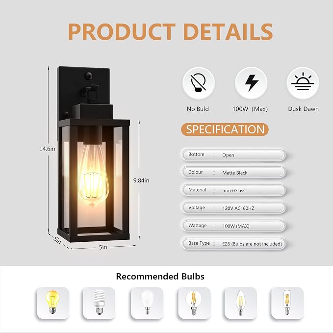 14.6 Inch Motion Sensor Dawn to Dusk Outdoor Sensor Light Fixture Anti-Rust Exterior Wall Lighting Waterproof Outdoor Wall Lantern for Porch Patio Front Door Garage