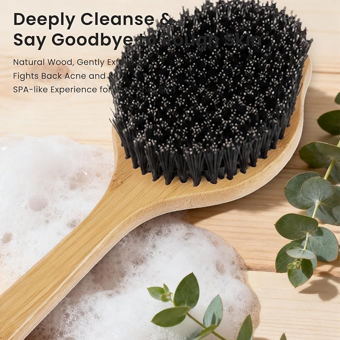 Back Scrubber for Shower，17in Bamboo with Curved Long Handle - Stiff Natural Boar Bristles for Men and Women, Deep Cleansing and Exfoliating, Anti-Slip Grip for Wet or Dry Brushing (Black)