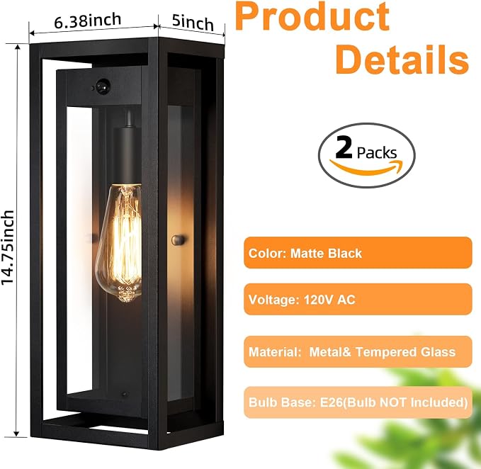 15" Motion Sensor Outdoor Wall Lights, Outdoor Sconces, 2 Pack | Dusk to Dawn, Large Size, Anti-Rust, Waterproof, Easy Installation, Black Modern Exterior Lighting Fixtures for House Porch