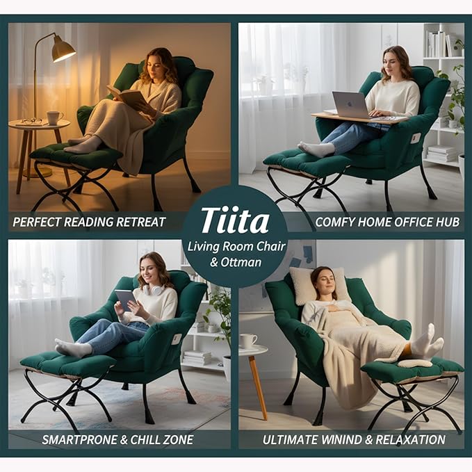Tiita Lazy Chair with Ottoman, Modern Large Accent Lounge Armchair, Comfy Leisure Sofa Reading Chair with Footrest for Bedroom, Living Room, Dorm Rooms, Garden and Courtyard, Green