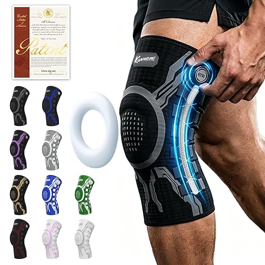 Kuangmi Knob Knee Brace for Pain Relief, Knee Support with Patella Gel Pad & Side Stabilizers, Compression Knee Sleeve for Workout, Arthritis, Joint Pain, Meniscus Tear (Black,Left,XX-Large,Single)