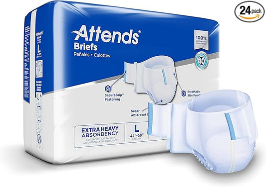 Attends Adult Incontinence Disposable Briefs, Large, 44"-58" Waist with SecureGrip Tab Closure, Extra Heavy Absorbency with Super Absorbent Core and Breathable Side Panels, 24ct Bag