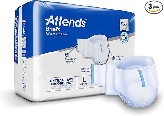 Attends Adult Incontinence Disposable Briefs, Large, 44"-58" Waist with SecureGrip Tab Closure, Extra Heavy Absorbency with Super Absorbent Core and Breathable Side Panels, 72ct Case