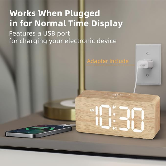 uscce Wooden Digital Alarm Clocks for Bedrooms with 0-100% Dimmable Display | Desk Clock with Large Numbers for Living Room - Loud Dual Alarm for Heavy Sleepers with Volume Control - Wood Decor & Gifts