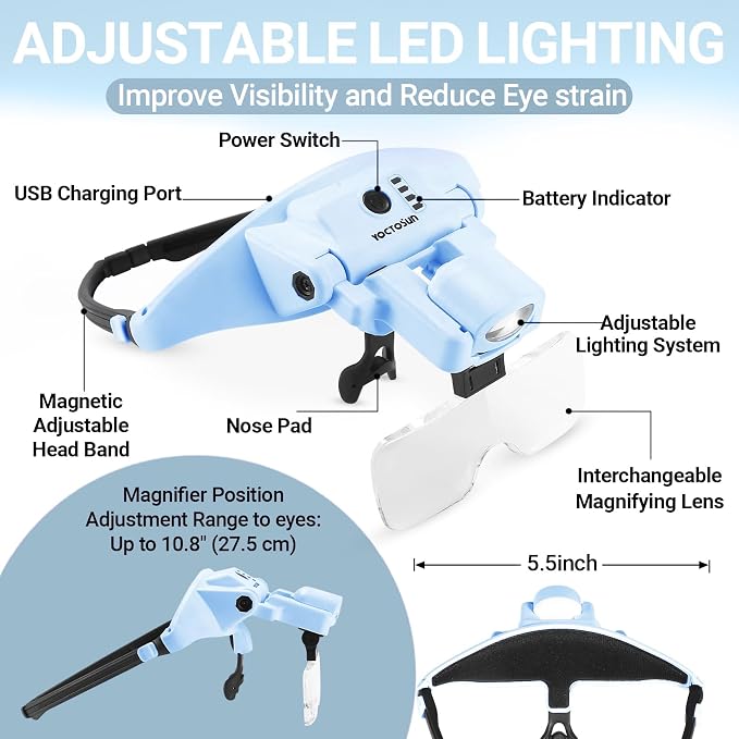 YOCTOSUN Magnifying Glasses with Light, 1.0X-4.0X Head Magnifying Visor | Detachable 6 Lenses,3 Light Colors, Rechargeable Hands-Free Headband Magnifier for Close Work, Crafts, Sewing, Jewelry