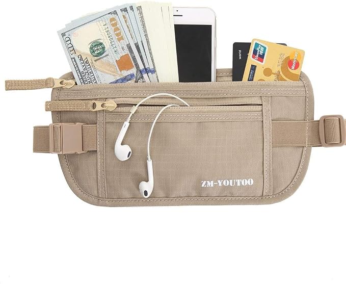 ZM-YOUTOO Money Belt for Travel - Hidden Travel Pouch Protect Your Credit and Money With RFID Blocking Passport Holder Waist Wallet (Khaki)