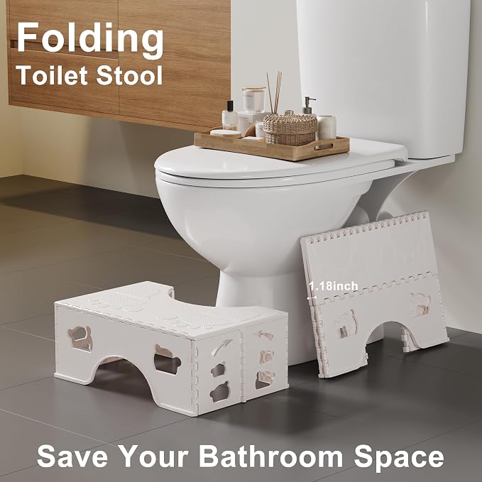 Foldable Squatting Potty for Travel, 7 Inch Toilet Stool Squat Adult, Lightweight Portable Poop Stool for Adults, Bathroom Stools with Anti-Slip Feet, White, Easy to Storage
