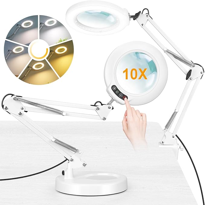 10XMagnifying Glass with Light and Stand (No Acrylic Lens), 2-in-1 Lighted Magnifier with Clamp, 5 Color Modes Dimmable LED Desk Lamp Hands Free for Painting Craft Sewing Hobby Close Work White
