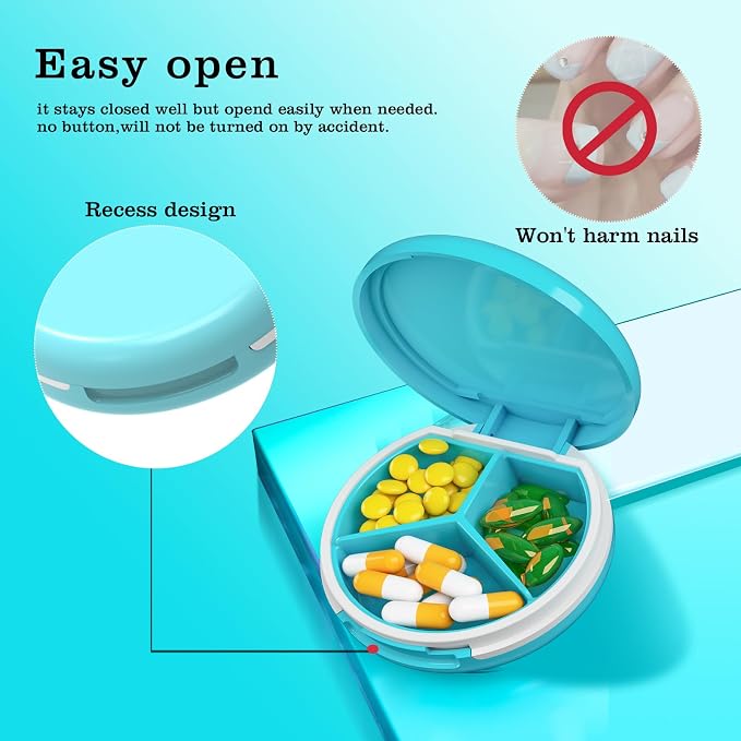 Serfeymi Small Pill Case for Purse, Unique Artistic Patterns Travel Pill Box with 3 Compartments, Portable Mini Pill Organizer for Pocket, Decorative Pill Container for Purse - Light Blue(Logo)