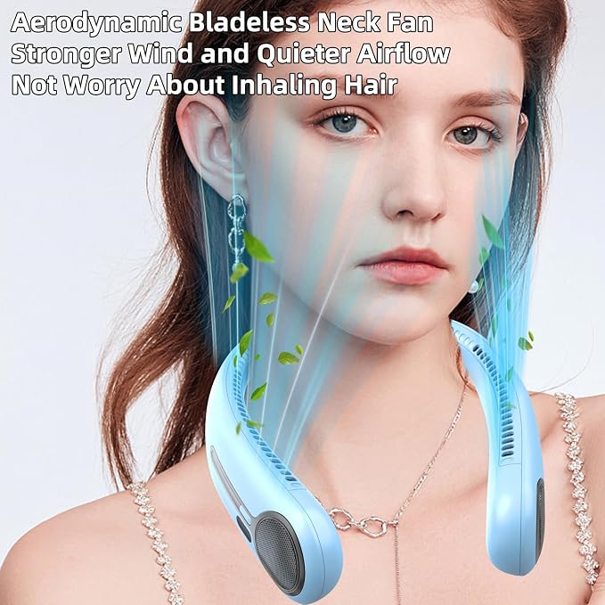 Portable Neck Fan, Personal Wearable Bladeless Fan, 6000mAh USB Rechargeable, 360° Airflow, LED Display, 4-Speeds, Hands Free Fan for Outdoor Indoor, Birthday Gifts for Men Women Dad Mom (Light blue)