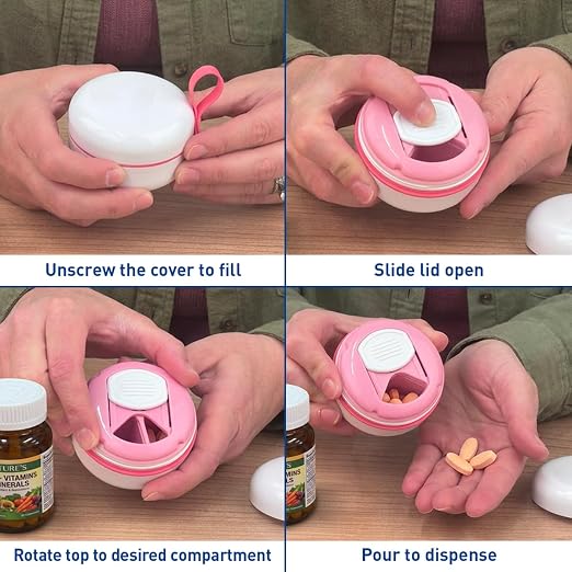 EZY DOSE Mini Pill Organizer, 4-Compartment Vitamin & Medication Case with Screw-Top Secure Seal + Sliding Dispenser, Compact Bottle-Replacement for Purse, Work, Cruise & Travel, Small, White/Pink