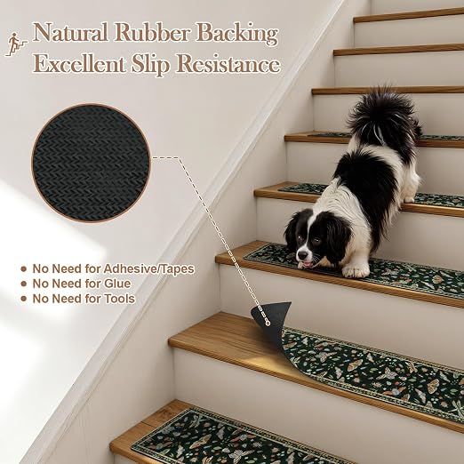 OJIA Insect Stair Treads Non Slip Stair Runners for Wooden Steps 15PCS | 8"x30" Carpet Stair Treads for Wood Stairs Indoor Rubber Backing Staircase Step Treads for Kids & Dogs, Stair Covers, Black