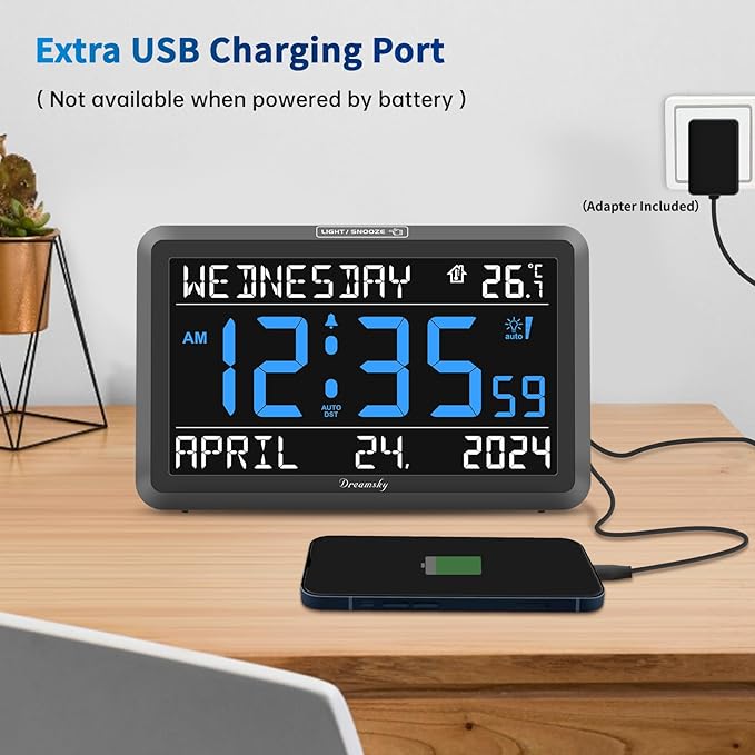 DreamSky Large Digital Clock with Date and Day of Week for Seniors | Electric Desk Clock for Elderly, Bedroom Alarm Clock with Battery Backup, Dimmer, USB, Auto DST, Temperature, Volume Control