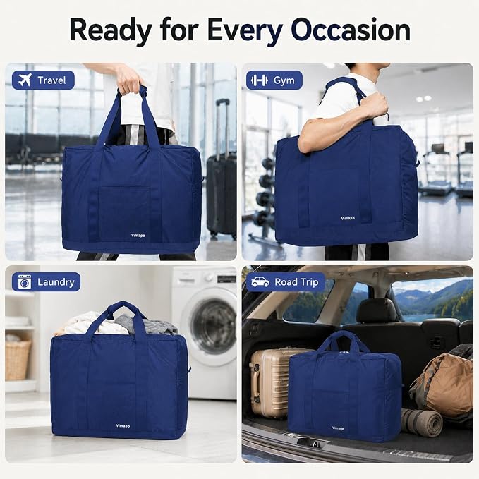 Foldable Travel Duffle Bag with Trolley Sleeve 40L Capacity, Lightweight Packable Travel Duffel Bags with the Keyhole Zipper, Weekender Overnight Nylon Carry on Bag for Men & Women, Blue