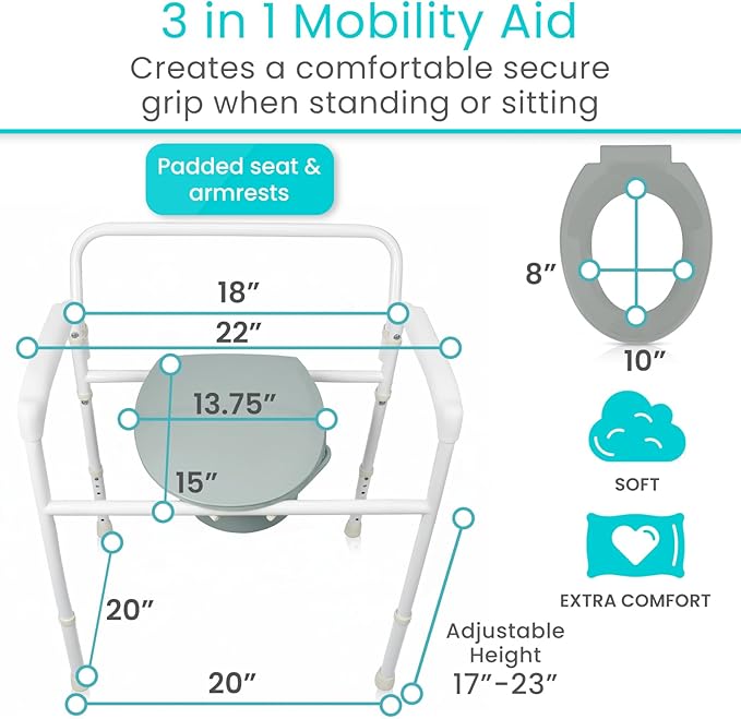 Vive Bedside Commode Toilet Chair (Folding) - 350 lb Capacity, Safety Rail, Shower Chair - 3 in 1 Heavy Duty Bariatric Bucket with Padded Arms, Tight Lid – Portable Seat for Home - Steel