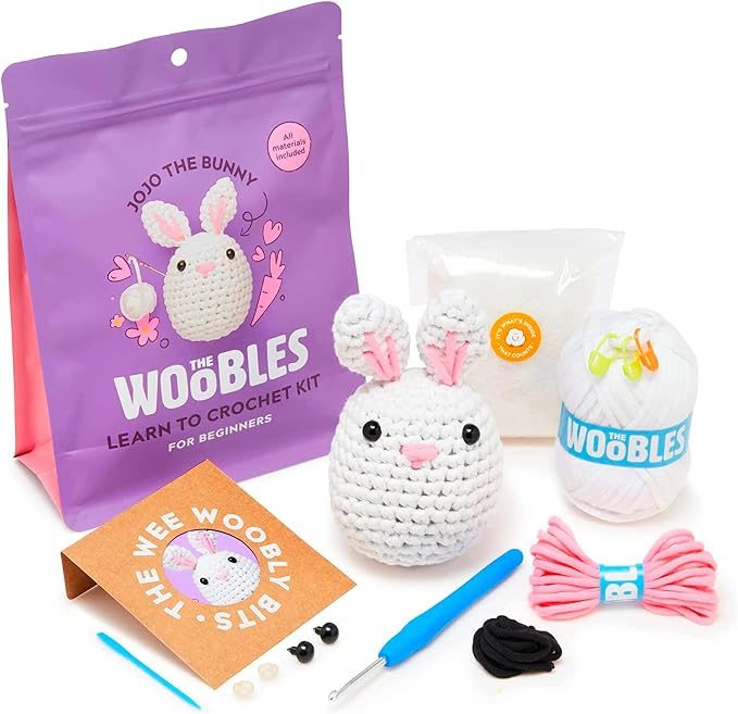 The Woobles Amigurumi Crochet Kit for Beginners (JoJo the Bunny) | As seen on Shark Tank, Kit includes: Easy Peasy Yarn, pre-started piece, hook, safety eyes, stuffing, video tutorials