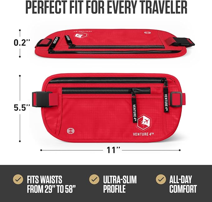 VENTURE 4TH Travel Money Belt, RFID Blocking Passport Holder - Red