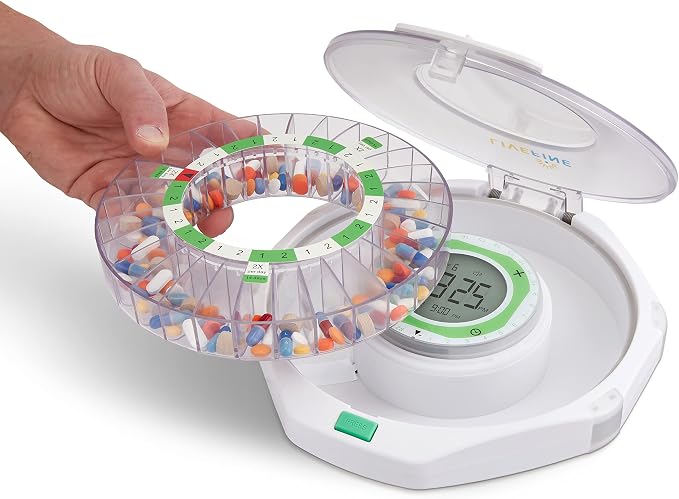 LiveFine 28-Day Automatic Pill Dispenser, 9 Dosage Rings, Frosted Lid | Battery-powered and travel-ready with a lockable key cover - trusted by seniors and arthritis sufferers.