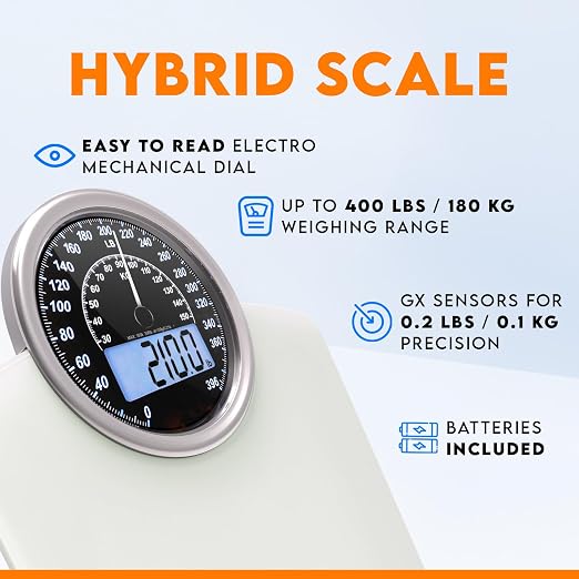ZENO Hybrid 2-in-1 Analog & Digital Weighing Scale for Body Weight up to 400lbs - Thick Tempered Glass - Extra Large Display - Easy to Read Digital Bathroom Scale - New - Frost White