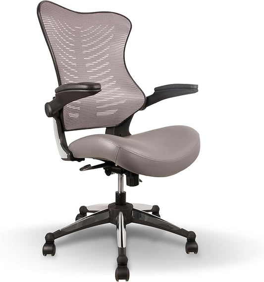 OfficeFactor Executive Ergonomic Computer Office Chair Back Mesh Bonded Leather Seat Flip-up Arms Lumbar Support Molded Foam Seat Adjustable Height Home Office Desk Chair (Grey)