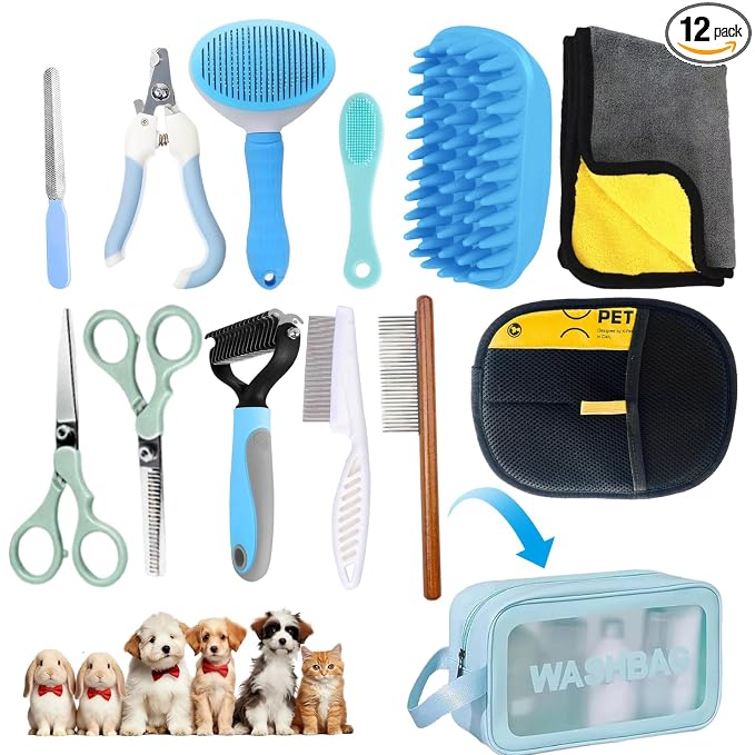 Aglads 12 in 1 Pet Grooming Kit, Dog Grooming Supplies with Self Cleaning Slicker Brush, Dematting Comb, Safety Nail Clippers, for Small Medium Large Dogs Cats Rabbits Long Short Curly Hair(12, blue)